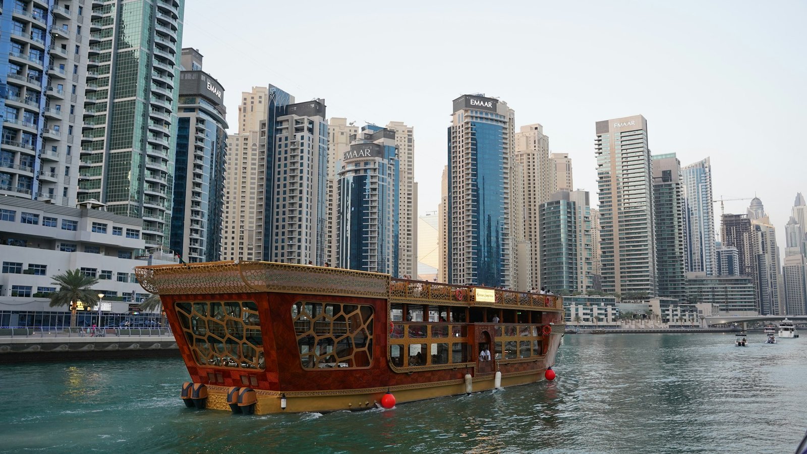 Traditional wooden cruise boat in Dubai Marina