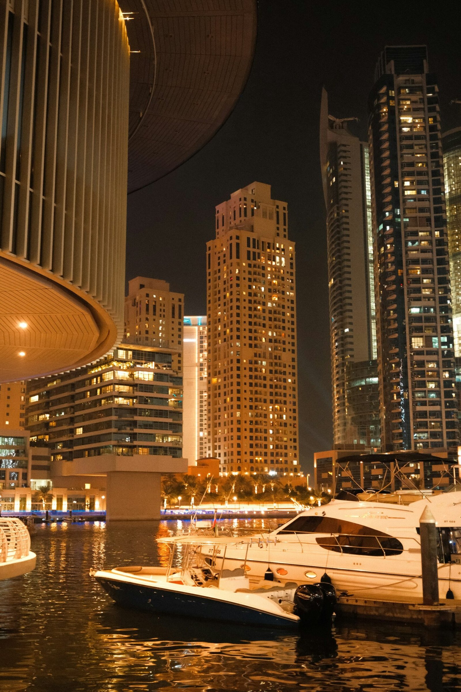 Dubai Marina towers lit up at night