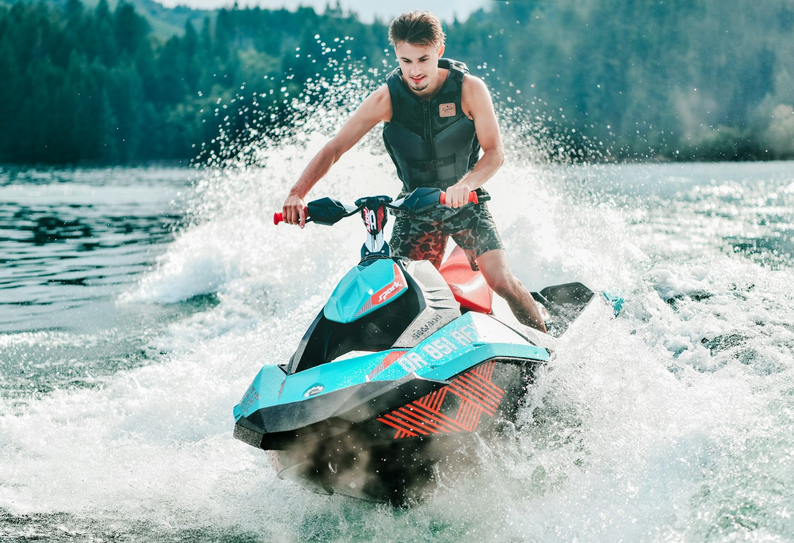 Rider carving through waves on a jet ski
